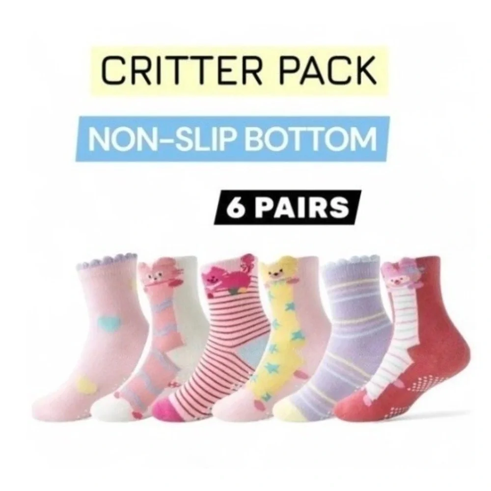 Girls Grip Anti-slip Animal Crew Cotton Socks 3-5 YO Whimsical Funny Cartoon 6pk